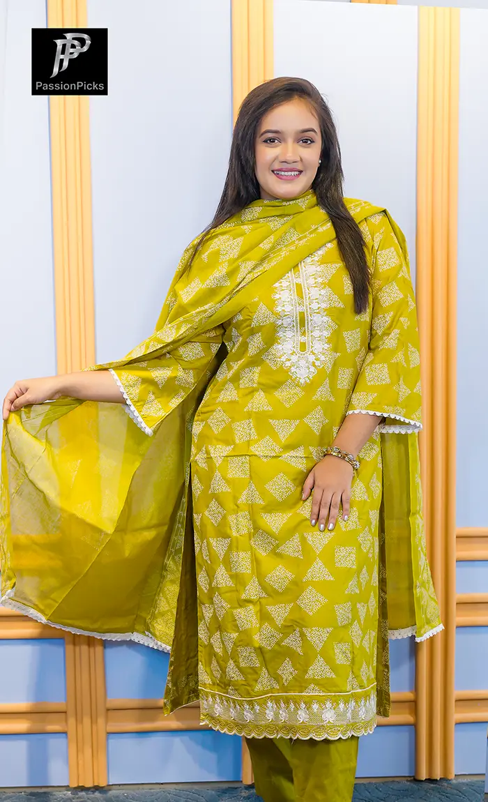 Cotton Applique Three Piece (Olive Yellow)